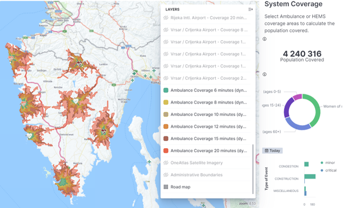 Map showing ambulance coverage areas around Vrsar and Crljenka Airport, with zones color-coded by ambulance response times, and a sidebar indicating population coverage and event types.