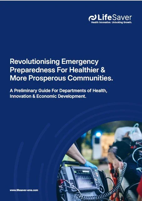 Cover page of a guide for improving emergency medical services, with the LifeSaver logo, title about emergency preparedness for healthier communities, and an image of a medical device used in emergencies.