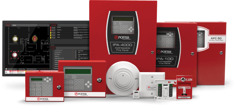 Fire alarm control panels and devices, including the IPA-4000 addressable fire panel, the IPA-100 and AFC-50 panels