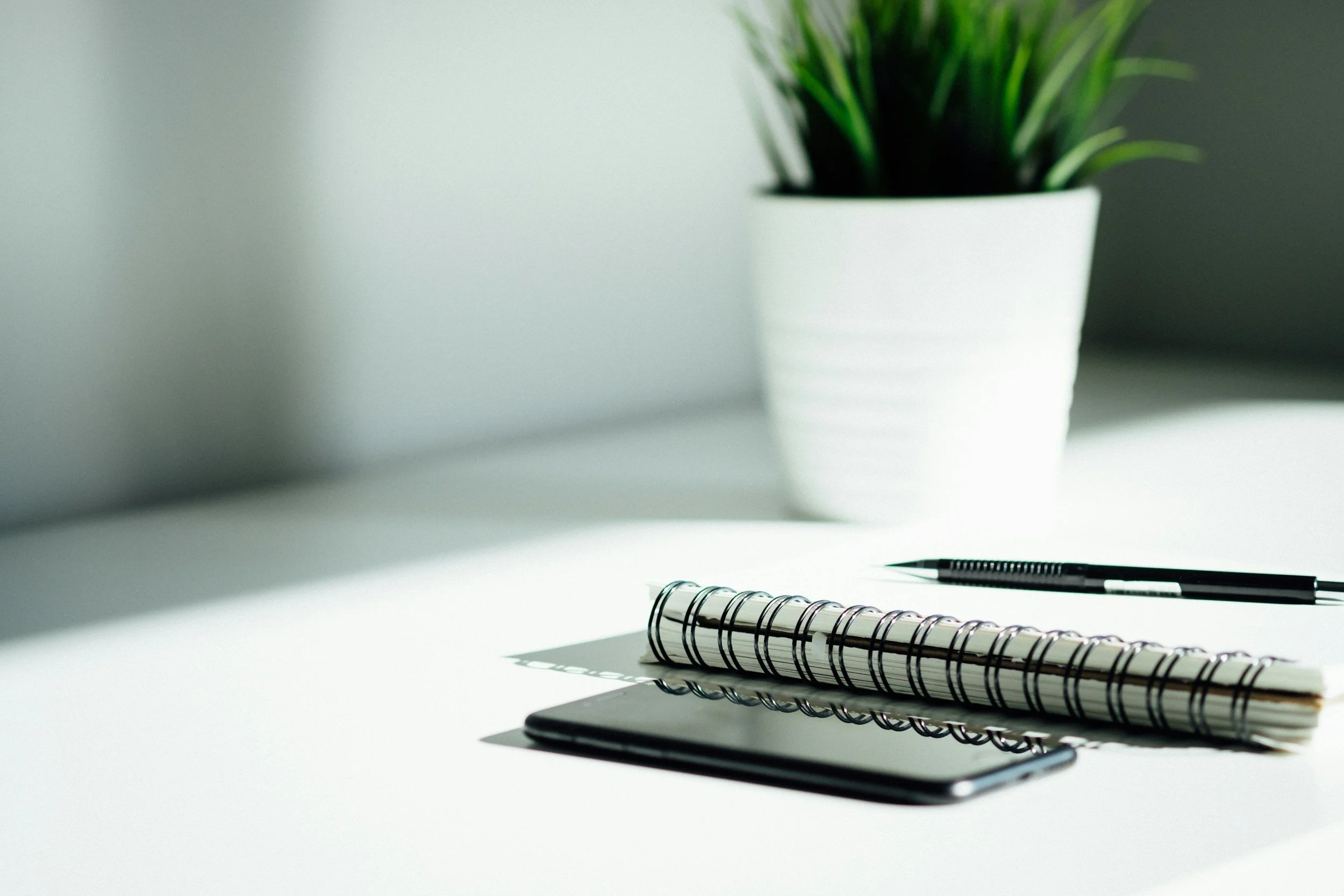 A white desk with a potted plant, a closed laptop, a spiral notepad, and a black pen.