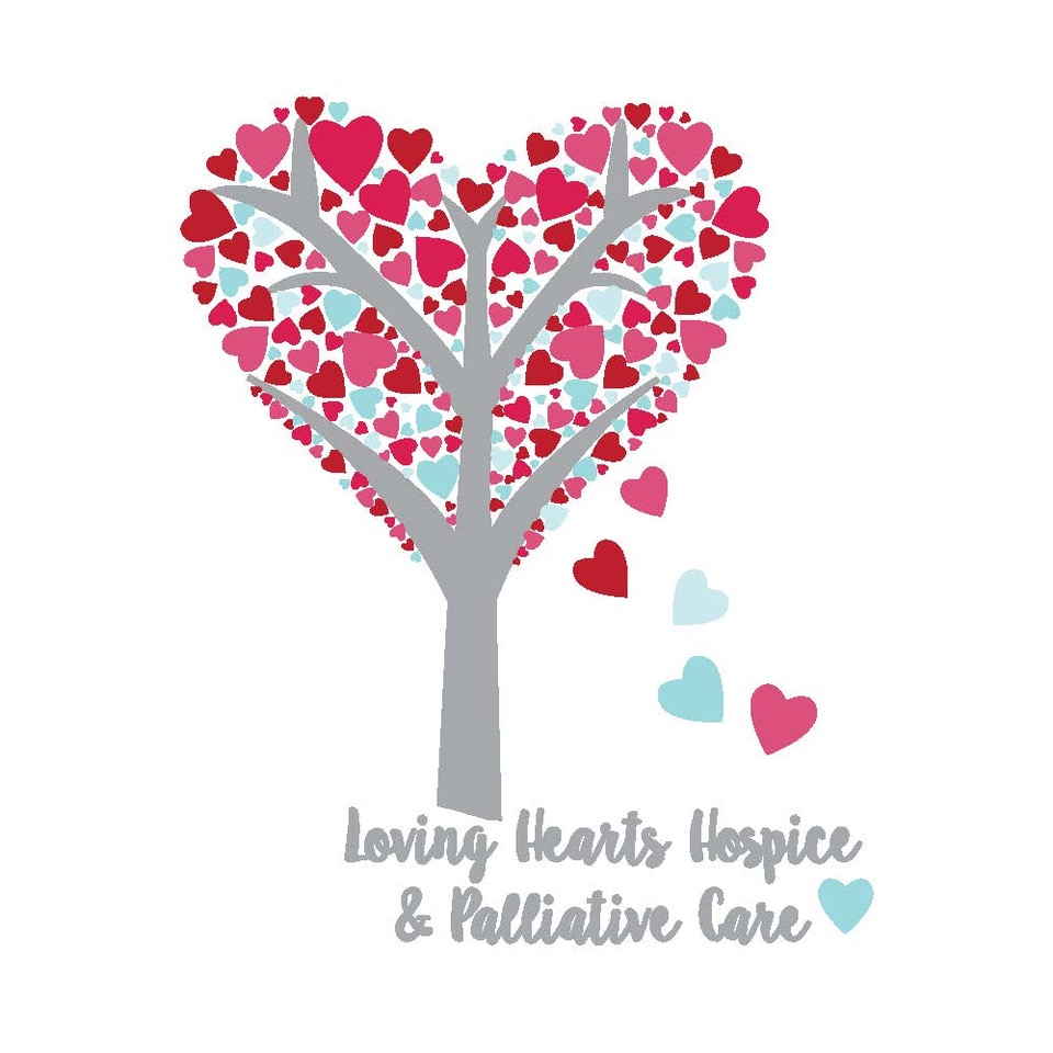 A tree with a gray trunk and branches, with leaves shaped like hearts in red, pink, and light blue, forming a heart shape. Text below says "Loving Hearts Hospice & Palliative Care."