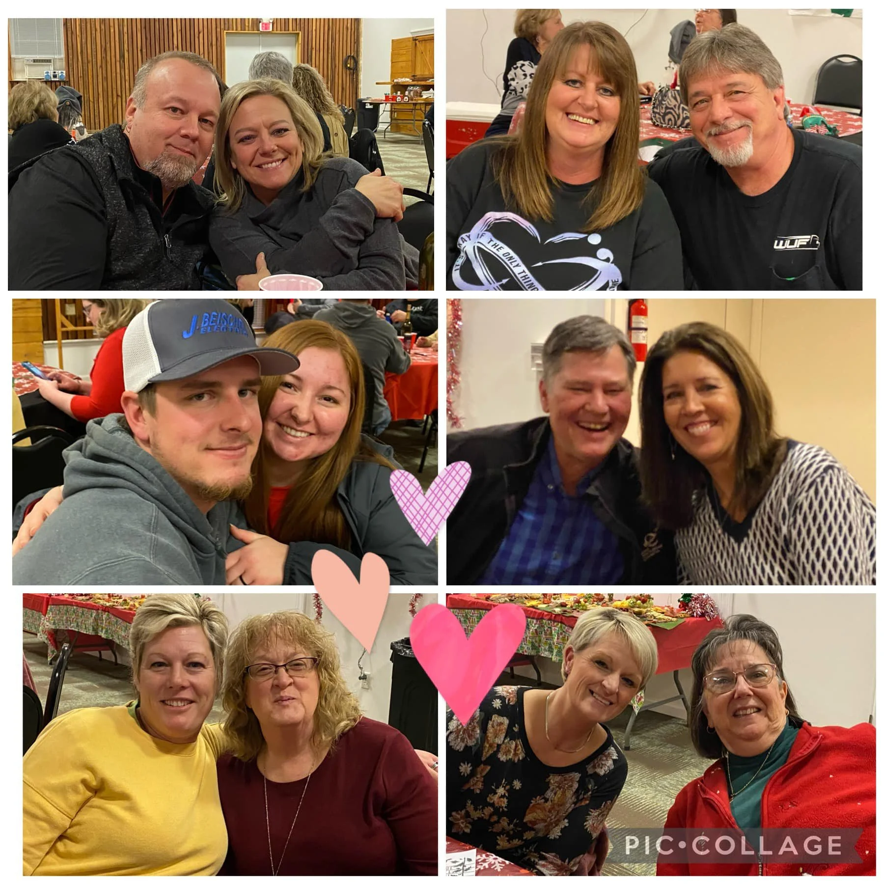 Collage of six photos showing various groups of people at a social gathering or celebration, with decorations and tables in the background.
