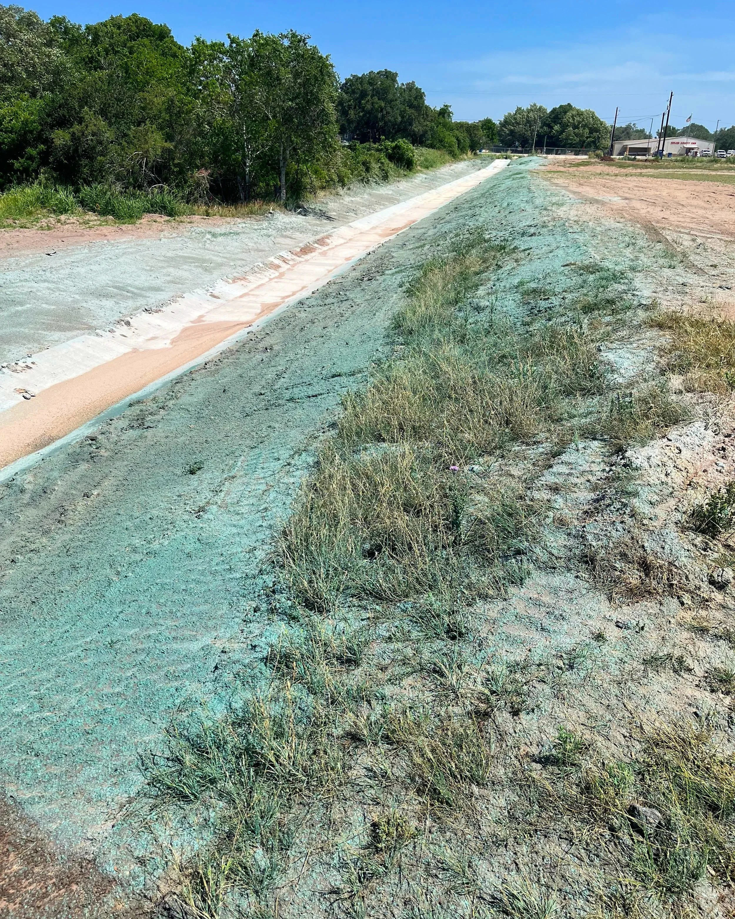 A dirt road with a greenish pavement strip on the side, bordered by grass and trees, with a building and some power lines in the background.