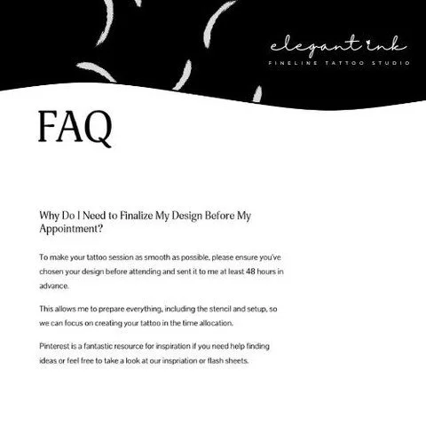 💬 FAQ: Why Do I Need to Finalize My Design Before My Appointment? 💬

To make your tattoo session as smooth as possible, please ensure your design is finalized and sent to us at least 48 hours in advance. 🖋️✨

This helps us prepare everything, incl