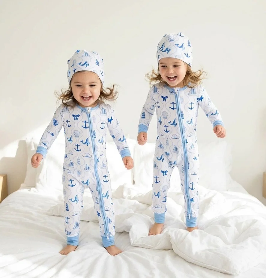 Our Seaside pattern was inspired by the sailboats that line Canada&rsquo;s east coast. 🇨🇦 💙 A clean, nautical design that feels timeless and works for both boys and girls who love all things ocean and adventure. The sweetest pyjama for your little