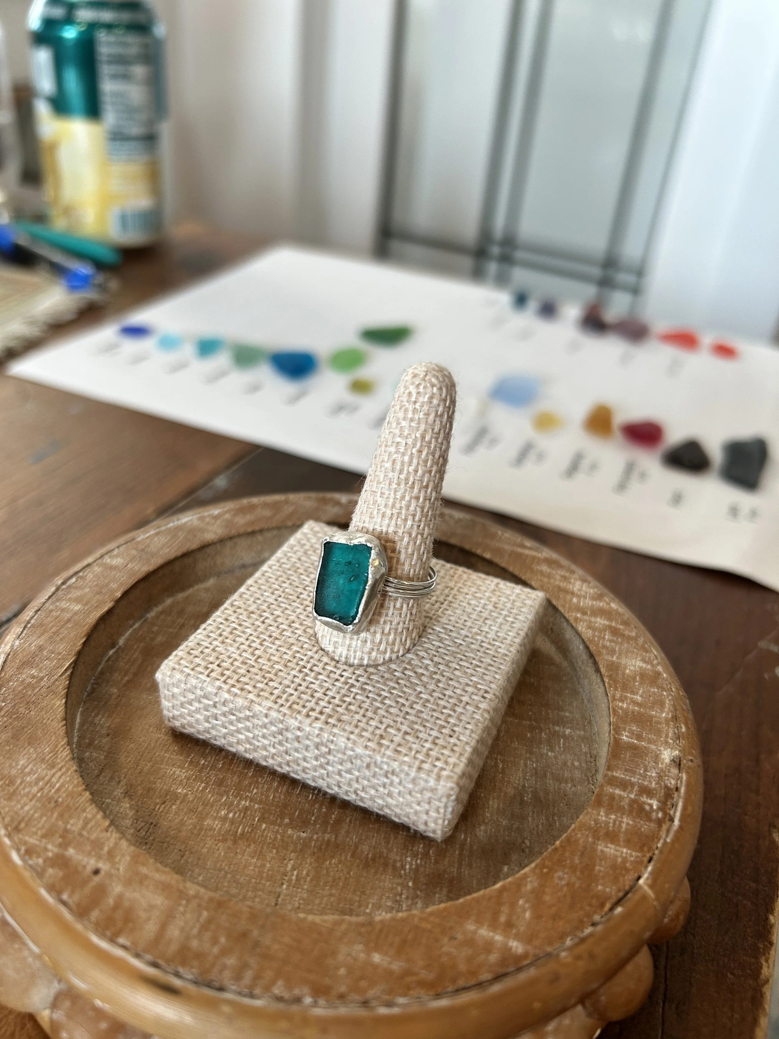 Sterling Silver Handmade Authentic Sea Glass Ring- TEAL SIZE 7