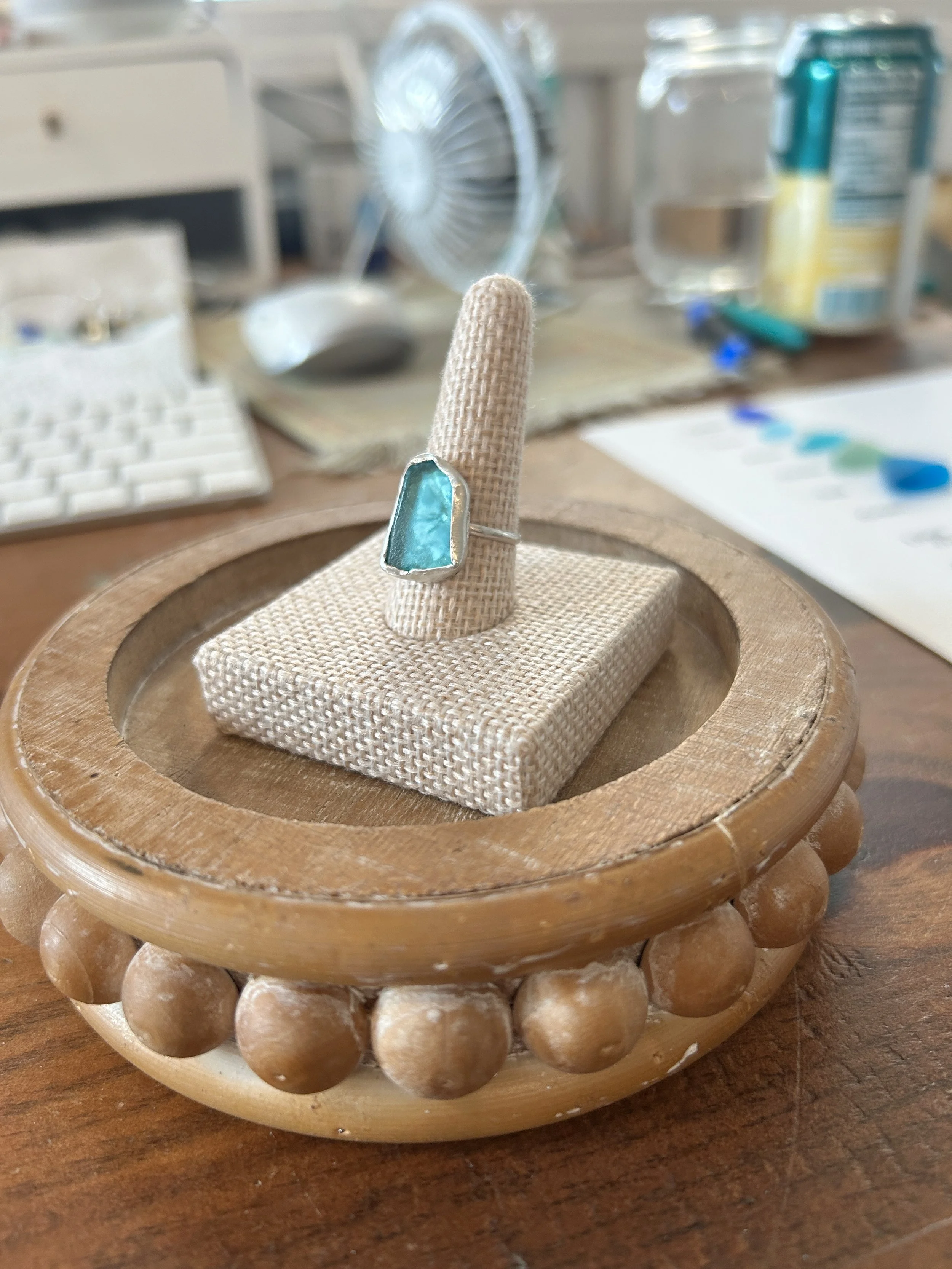 Sterling Silver Handmade Authentic Sea Glass Ring- AQUA SIZE 5