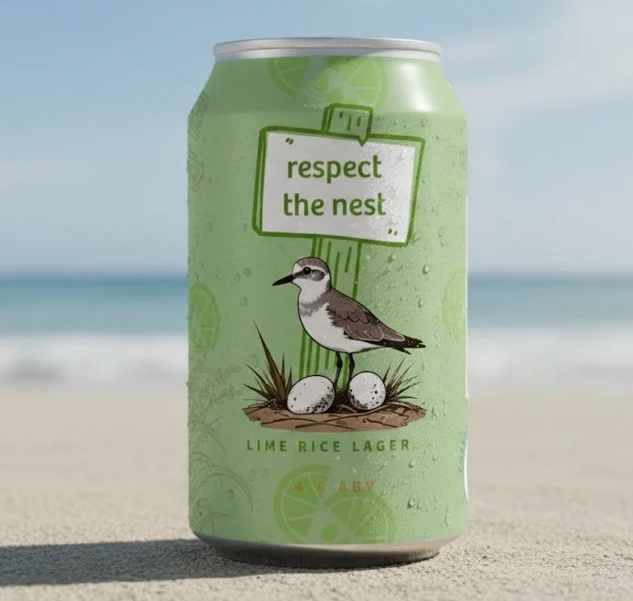 Local Brewery graphic supporting local endangered bird that builds its nests on our beaches here in N.C., say hello to the "Piping Plover" and Surf City Brewing Co.'s 
"RESPECT THE NEST" Lime Rice Ale draft concept for new label.
