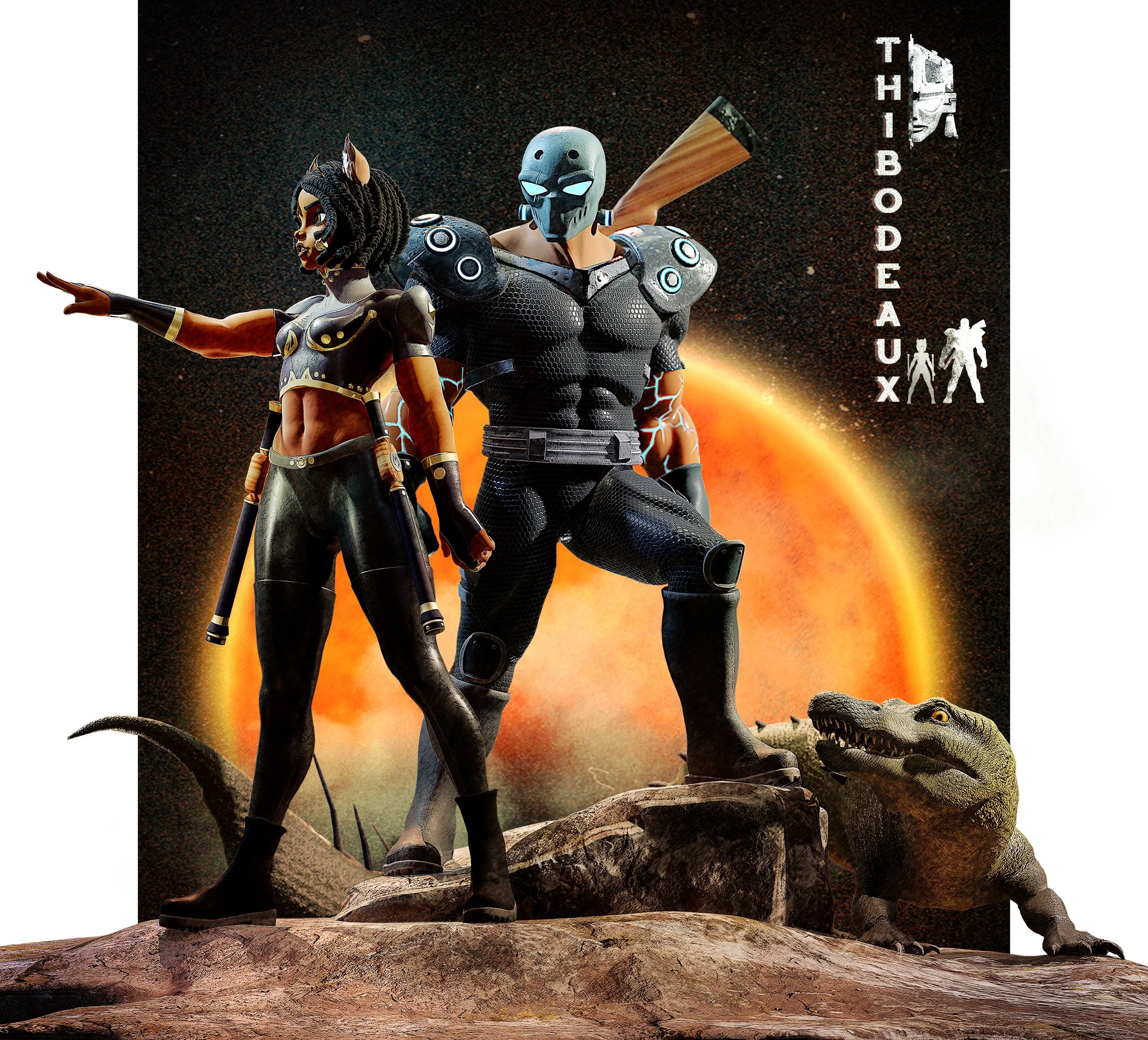 Poster featuring two characters with sci-fi and prehistoric themes, a female with cat ears and a black outfit, and a male with a skull mask, a gun on his back, and a dinosaur, against a cosmic background with a large orange planet.