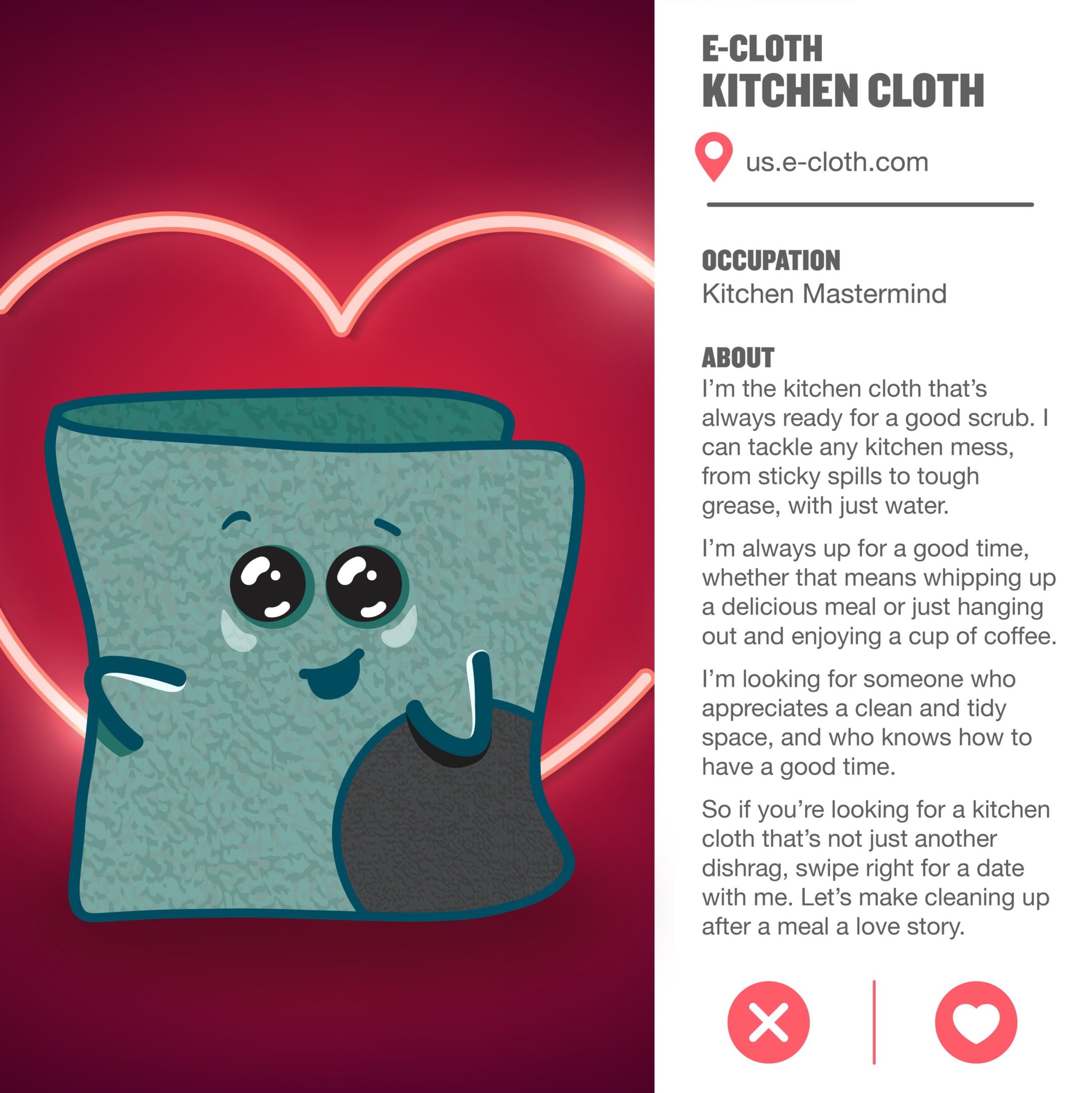 Cartoon e-cloth with a heart background and humorous profile description