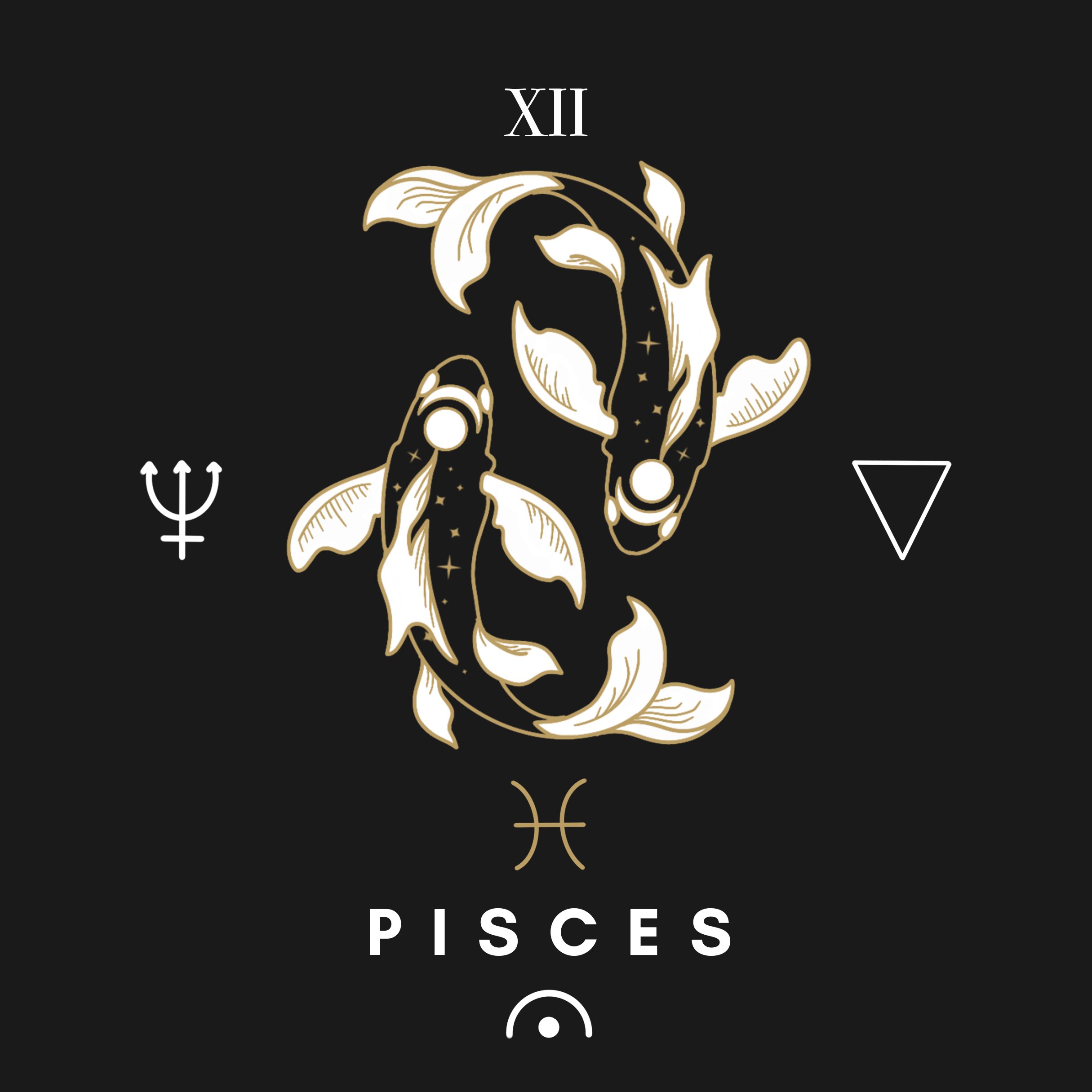 Illustration of two koi fish representing the Pisces zodiac sign, with symbols including the Pisces symbol, Neptune's trident, and astrological elements on a black background.