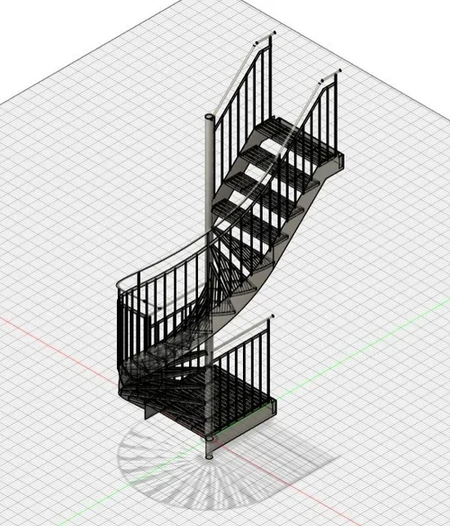Modélisation 3D d'un escalier en colimaçon industriel en métal ouvré, conçu pour un plan d'ingénierie par PAM métal Inc.