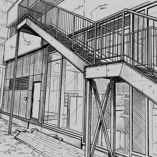 Éléments métalliques architecturaux sur mesure installés sur un bâtiment moderne, alliant design et solidité structurelle.
