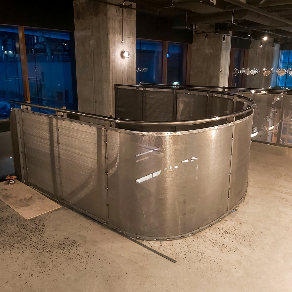 Garde-corps architectural courbé en acier brut avec panneaux perforés et main courante, installé sur une mezzanine d'hôtel.
