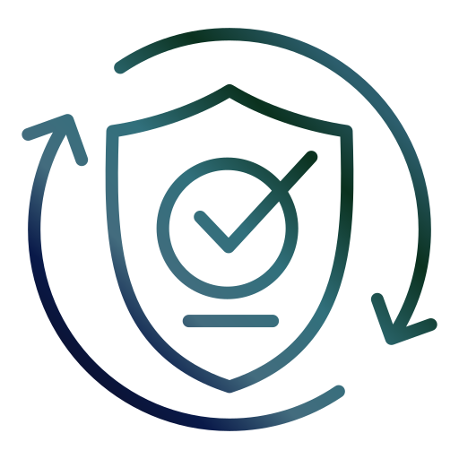 Icon of a shield with a checkmark inside, surrounded by circular arrows, representing security, protection, or assurance.
