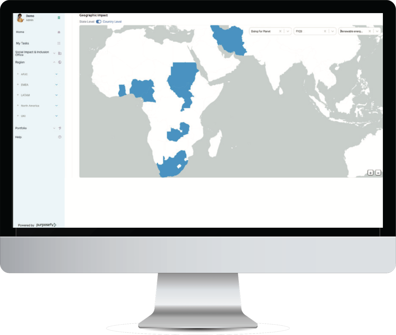 Computer screen displaying a map of Africa with countries highlighted in blue, showing data on regional impact for various African nations.