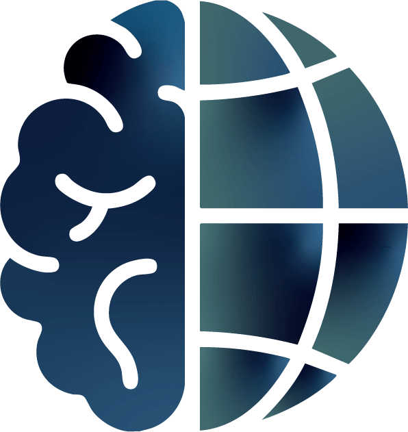 Abstract logo combining a brain and a globe in blue tones