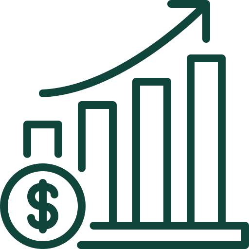 A bar graph with an upward arrow indicating growth and a dollar sign coin, symbolizing financial or business growth.