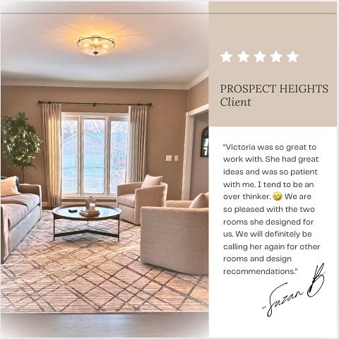 ✨ Client Review Spotlight ✨

Beyond thrilled to share this glowing review from one of my amazing clients! 🏡🌟

&ldquo;Victoria was so great to work with. She had great ideas and was so patient with me. I tend to be an over thinker. 🤣  We are so ple
