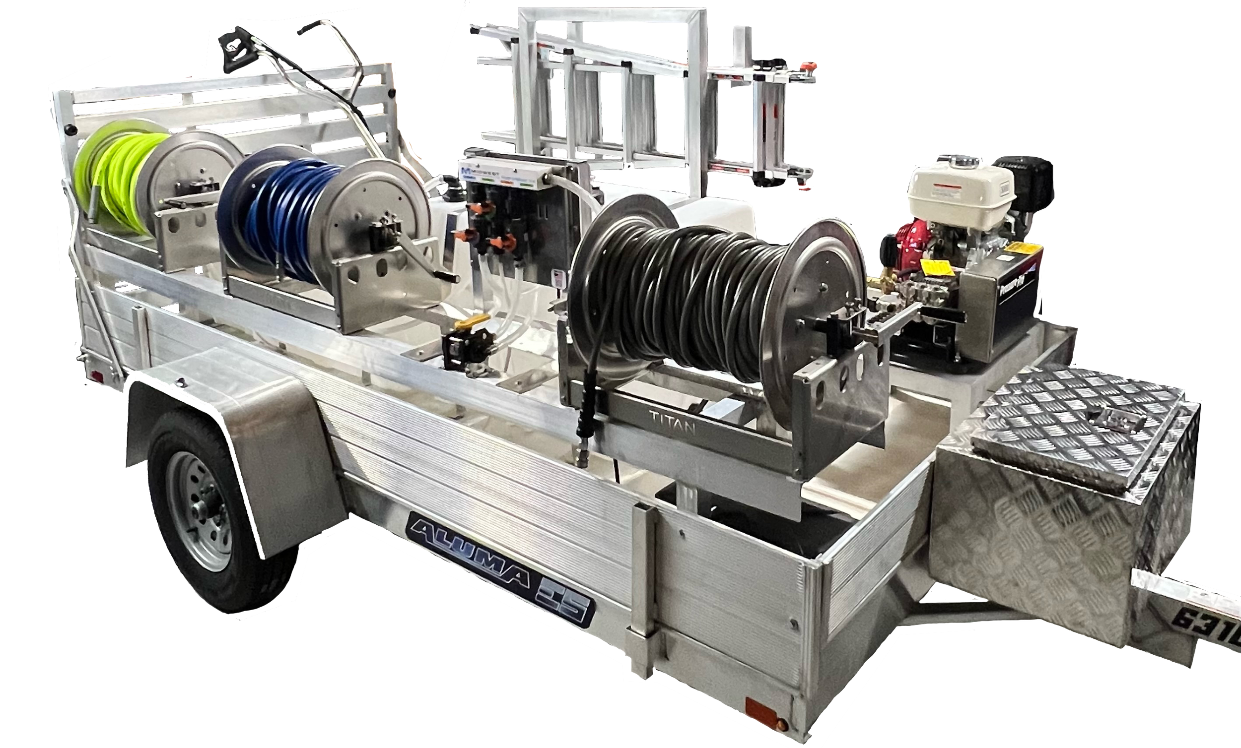 A specialized portable pressure washing and soft washing trailer with hoses, tanks, pumps, tec. Used to clean and restore exterior surfaces for both residential and commercial properties