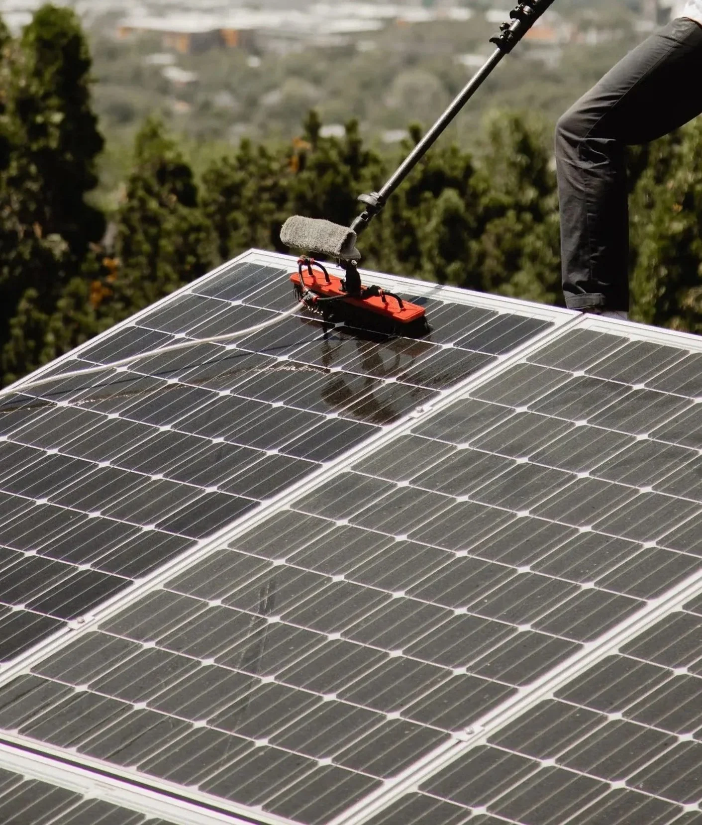 Person cleaning solar panels outdoors with a long-handled roller on a sunny day.