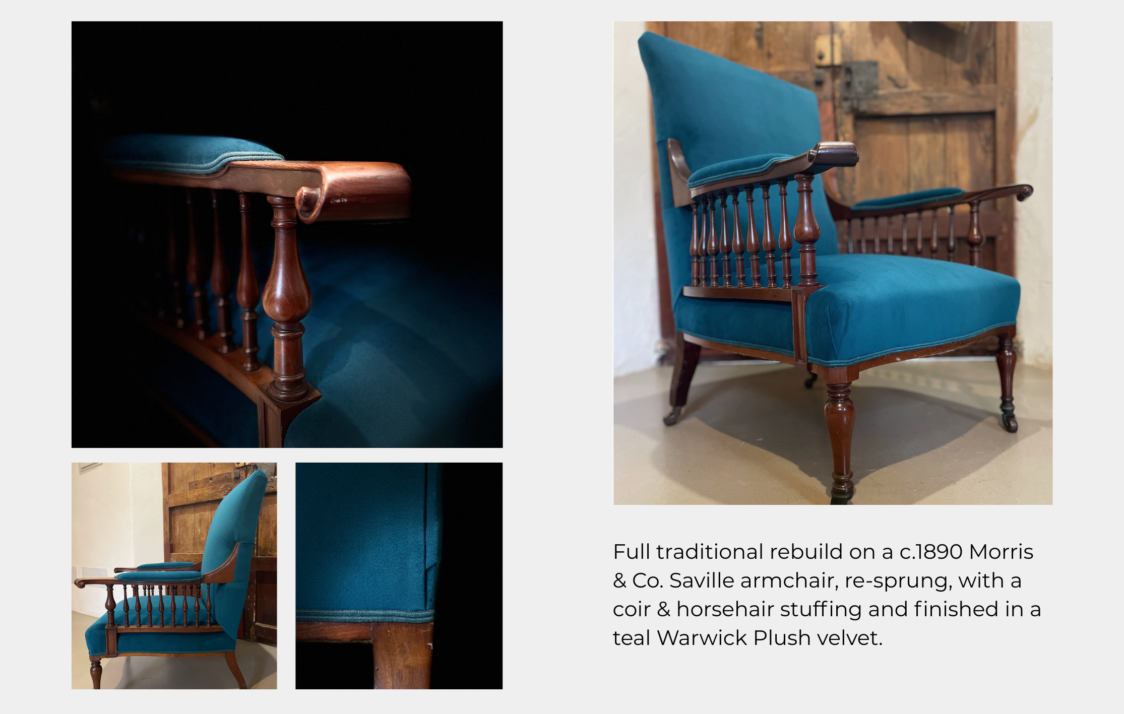 traditional upholstery, Morris & Co Saville armchair, fully restored at Mallorca Upholstery, Caimari, Mallorca