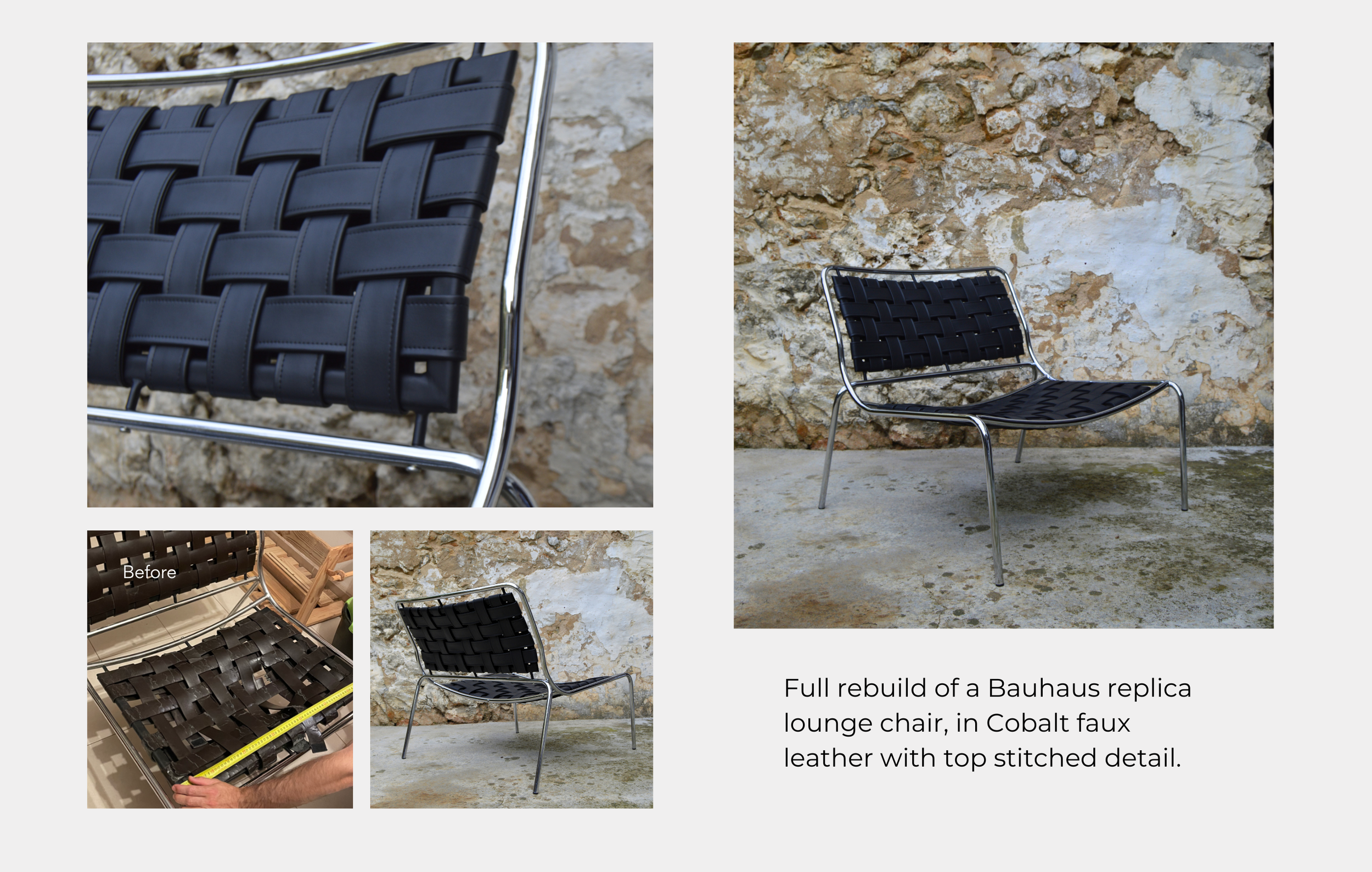 Bauhaus replica rebuild in faux leather with top stitch detail, mid century modern upholstery