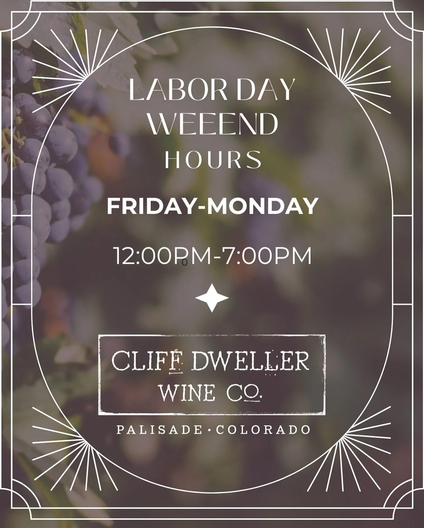 Labor Day Weekend- we will be open 12-7 Friday&bull;Saturday&bull;Sunday&bull;Monday💥
Hope everyone has a wonderful holiday weekend!

#coloradowine #cliffdwellerwineco #Coloradowinecountry #palisadecolorado #westslopebestslope