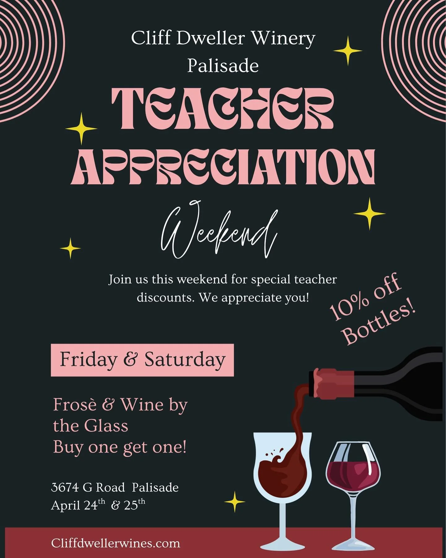 Teacher Appreciation!  We know you're in the home stretch, and we wanted to share a little love 💕 Join us in our tasting room for BOGO specials on Fros&egrave; and Wine by the Glass! Also 10% off all bottle purchases 💥 Friday &amp; Saturday April 2