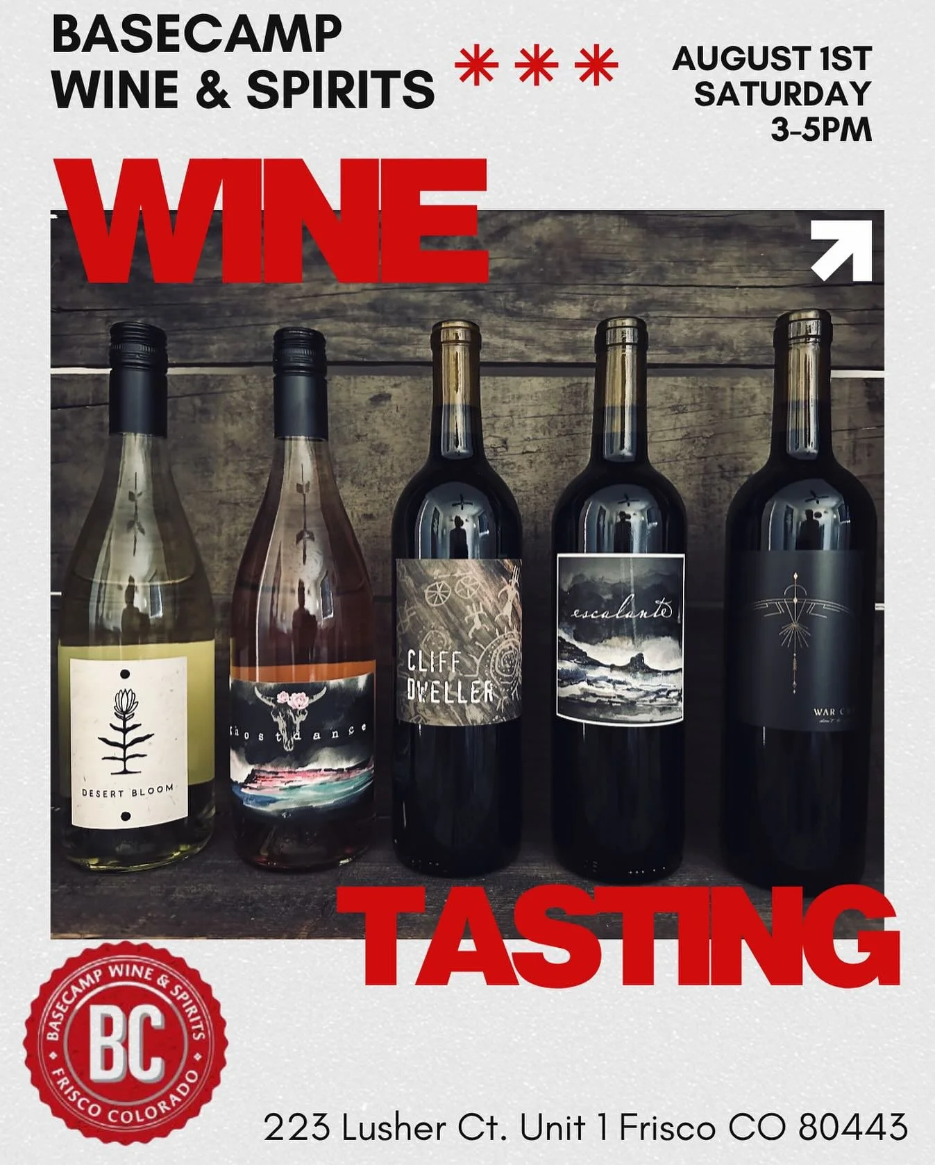 We will be back at @basecampwineandspirits in Frisco this Saturday- August 1st from 3-5pm pouring delicious #ColoradoWine #summitcounty #coloradosummer #coloradoliving