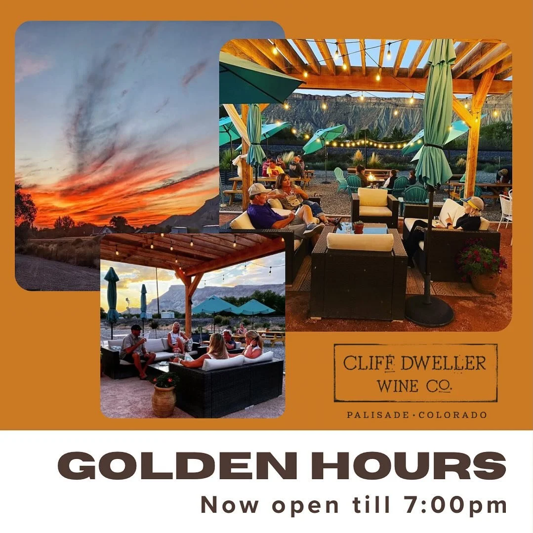New Hours! Now open till 7:00pm daily- 
It's our favorite time of year when the sunsets become magic and the weather is perfect.  So we are staying open later to enjoy these moments. 🌻🧡🌅

#coloradowine #palisadecolorado #coloradosunset