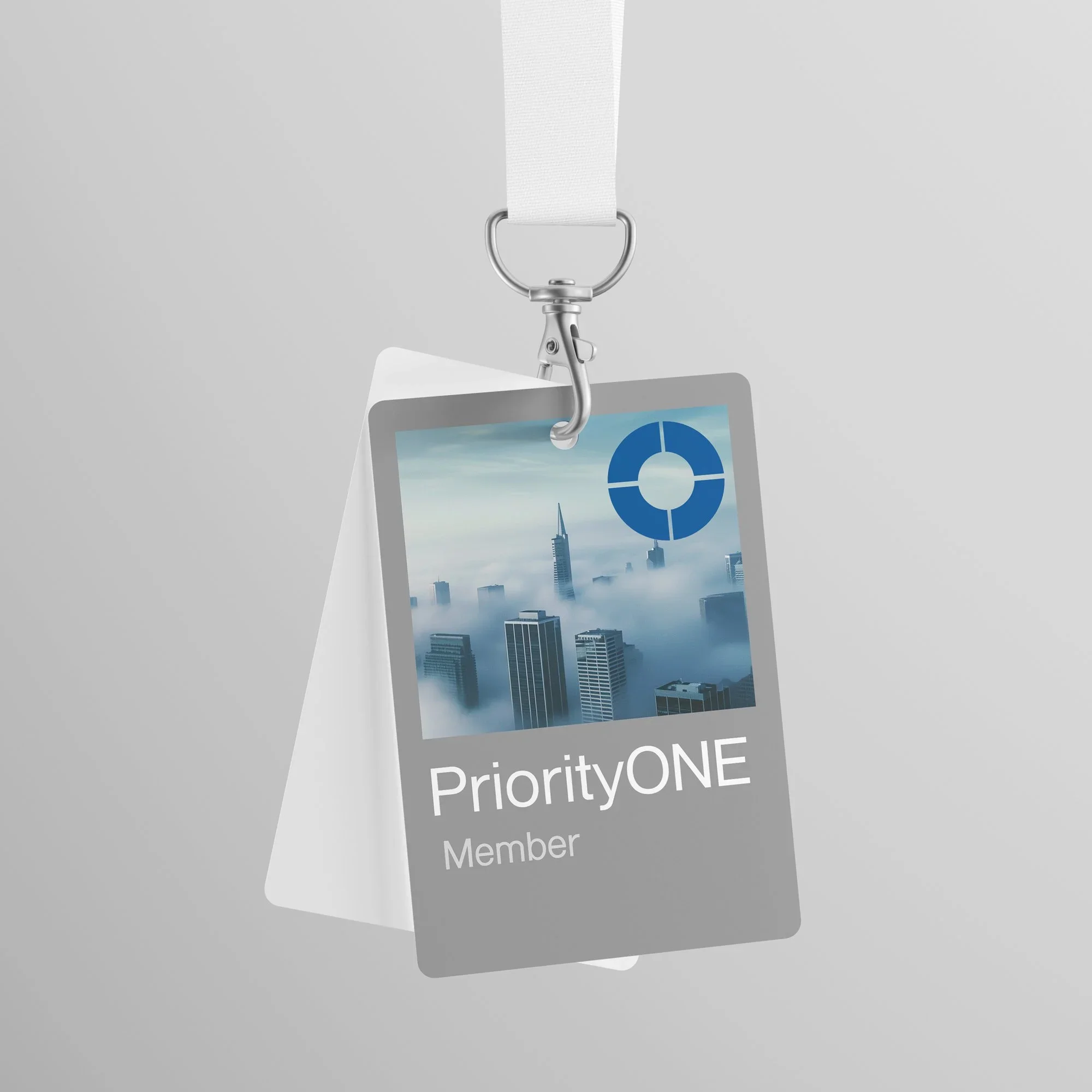 Lanyard with "PriorityOne Member" badge featuring a city skyline