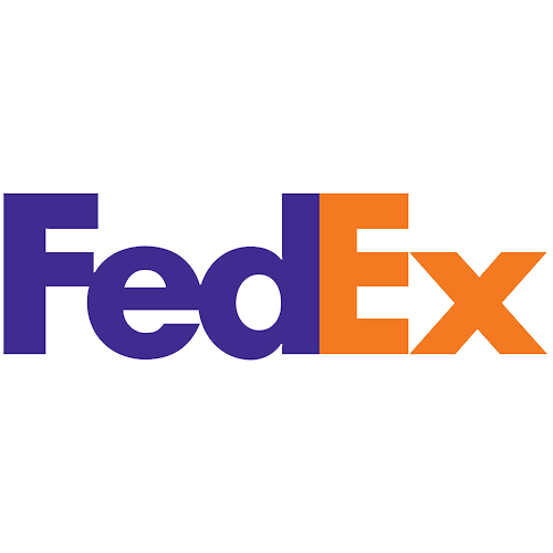 FedEx logo with purple and orange text on a black background.