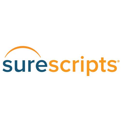 SureScripts logo with the words 'sure' in blue and 'scripts' in orange, with an orange arc above the text.