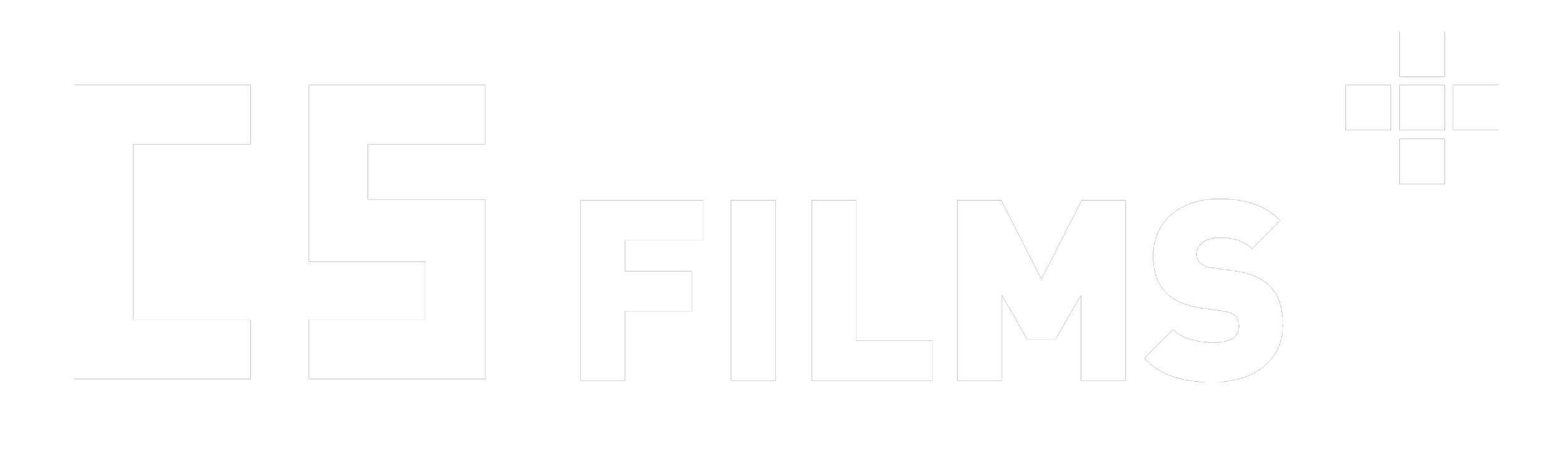 Black background with the white text 'E FILMS' and a small white cross made of four squares in the upper right corner.