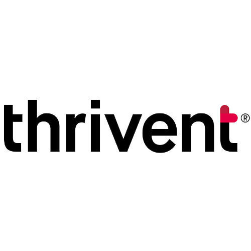 Logo of Thrivent with a small pink heart above the letter 't'.
