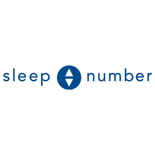 Sleep Number logo featuring a blue circle with a white arrowhead inside and the words 'sleep' and 'number' in blue on either side.