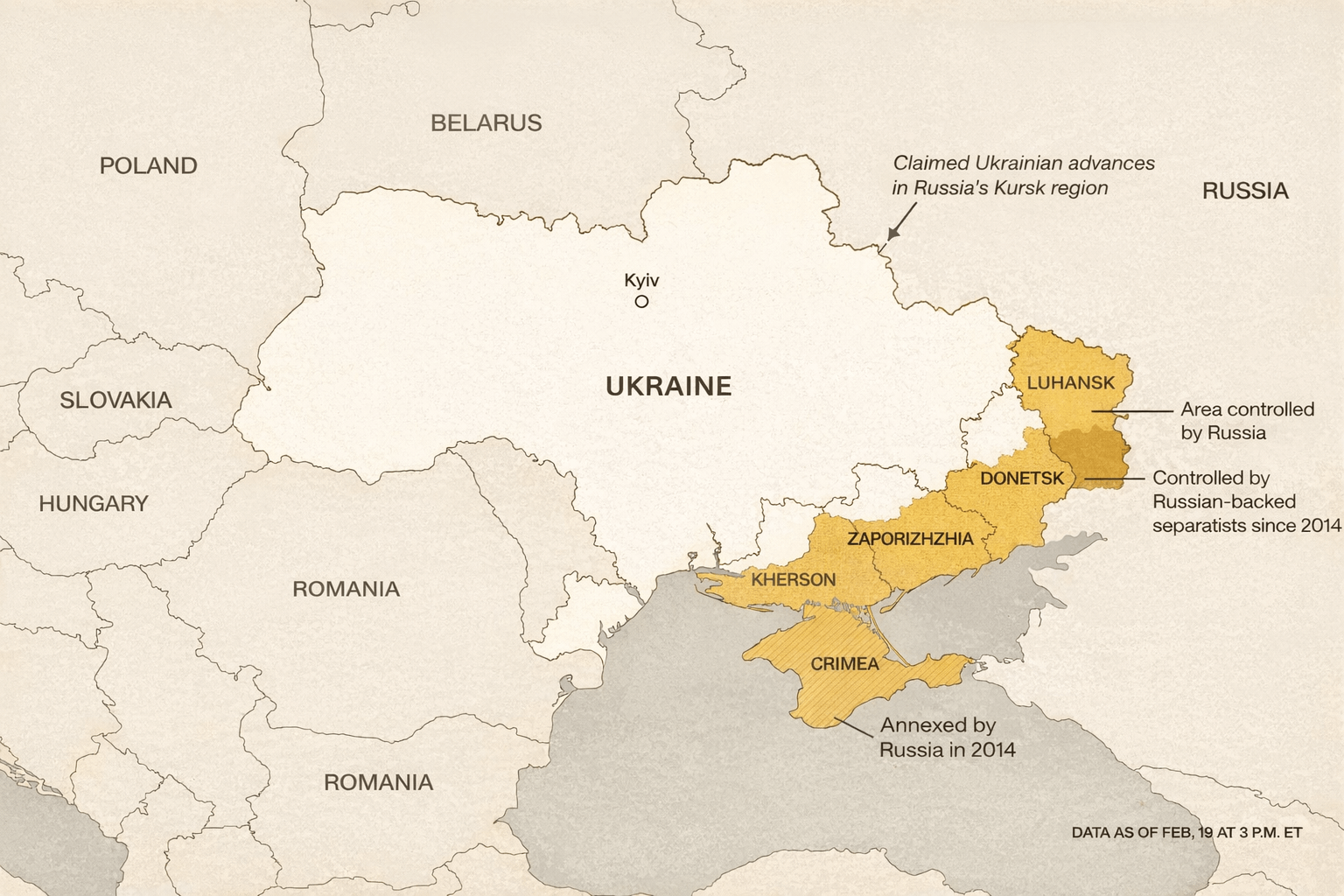 Map of Ukraine highlighting regions controlled or claimed by Russia, including Luhansk, Donetsk, Zaporizhzhia, Kherson, and Crimea, with notes on areas controlled by Russia and annexation in 2014.