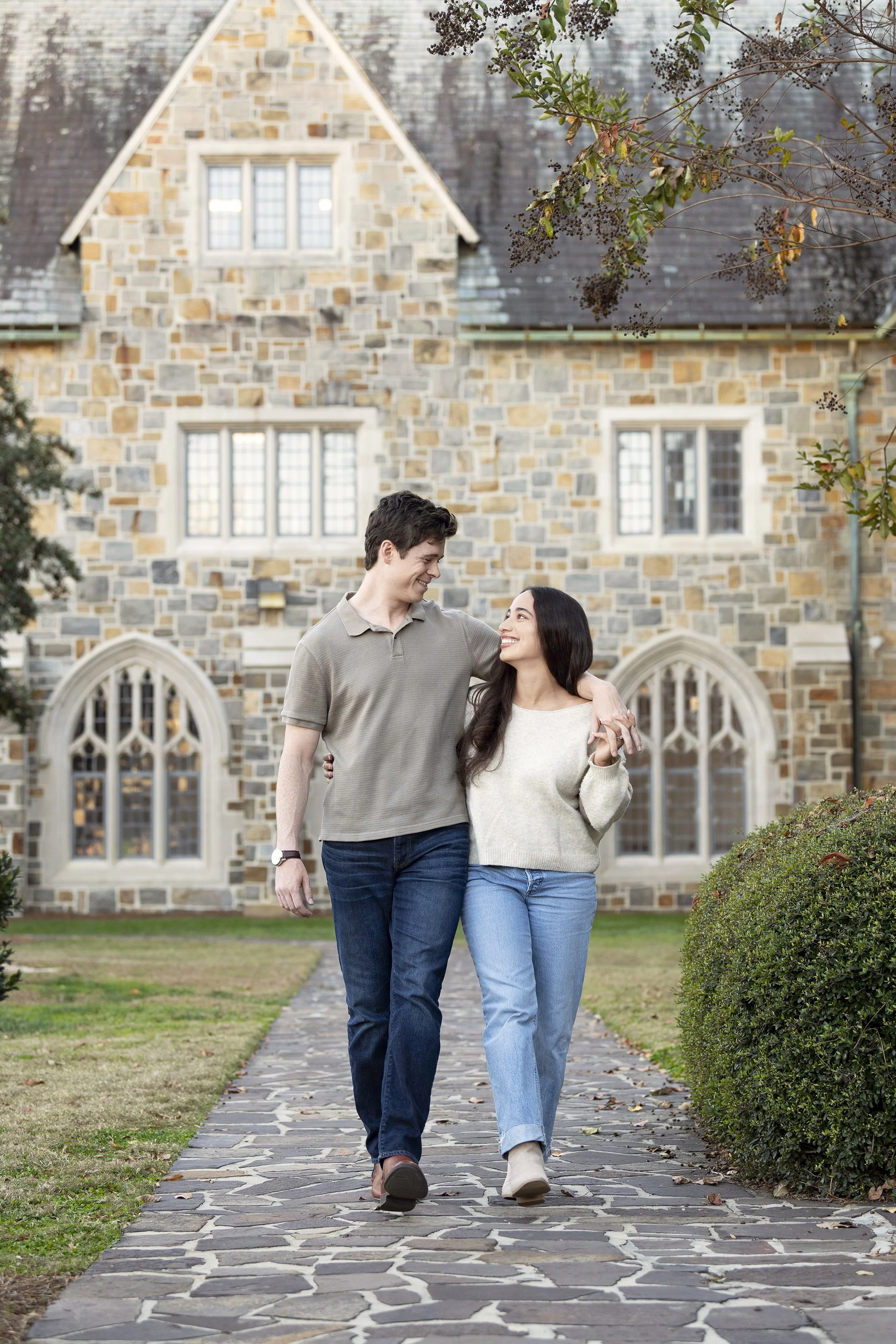 Lifestyle engagement session of Marshal and Giselle at Berry College in Rome, Georgia, featuring candid moments and natural light by Atlanta portrait photographer Caitlin Tabilog, specializing in top couples and wedding photography in Atlanta.