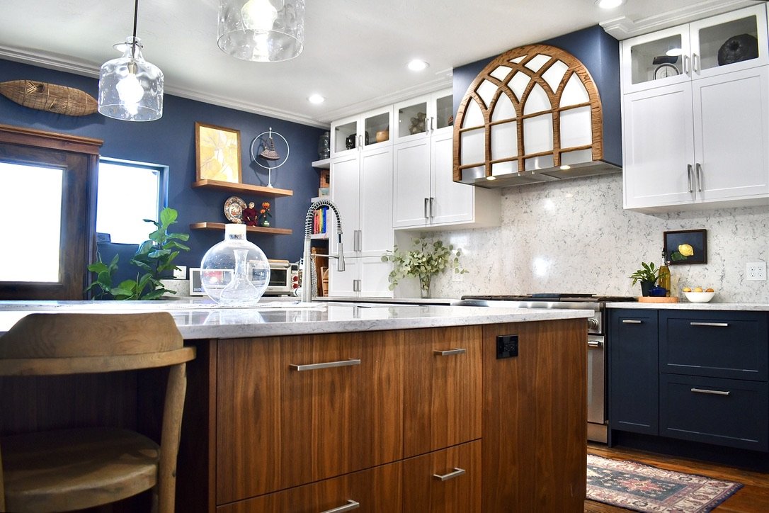 navy wood walnut white cabinets Thermador range microdrawer microwave Bosch dishwasher Ruvati sink Kohler faucet Whirlpool icemaker Ruggable rug Lego kitchen island Wilsonart quartz Semihandmade Capital Lighting Fixture Crawford Full Kitchen Right a.jpeg