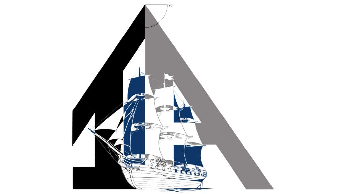 A digital illustration of a tall ship with multiple masts and blue sails, shown in a stylized, angular art style.