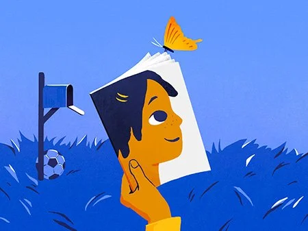 Illustration of a child holding up a magazine reflecting their image with a butterfly on it and mailbox in the background