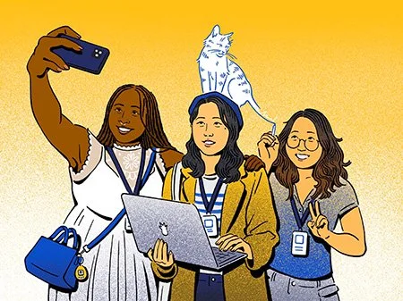 Illustration of Branda Ayo taking a group selfie with Polly Xu on her laptop and Gina Bae drawing a cat on Polly's head while giving a peace symbol