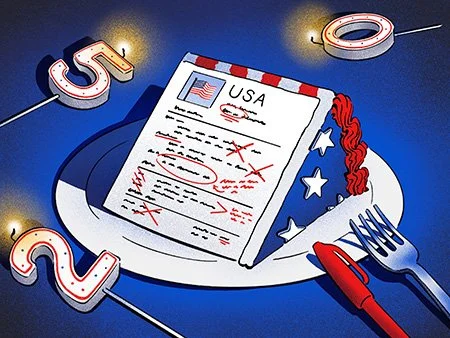 Illustration of a marked-up performance review labeled "USA" on a dinner plate, surrounded by lit 250-shaped candles, symbolizing a review of the United States at its 250th anniversary.