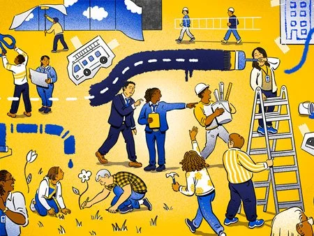The busy illustration scene shows how much local government leaders hold their communities together across activities.