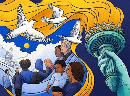 Third panel in a three-part illustration about voting in America. People gather in a community landscape alongside birds, trees, and imagery of nature, representing the shared future shaped by decisions made today.