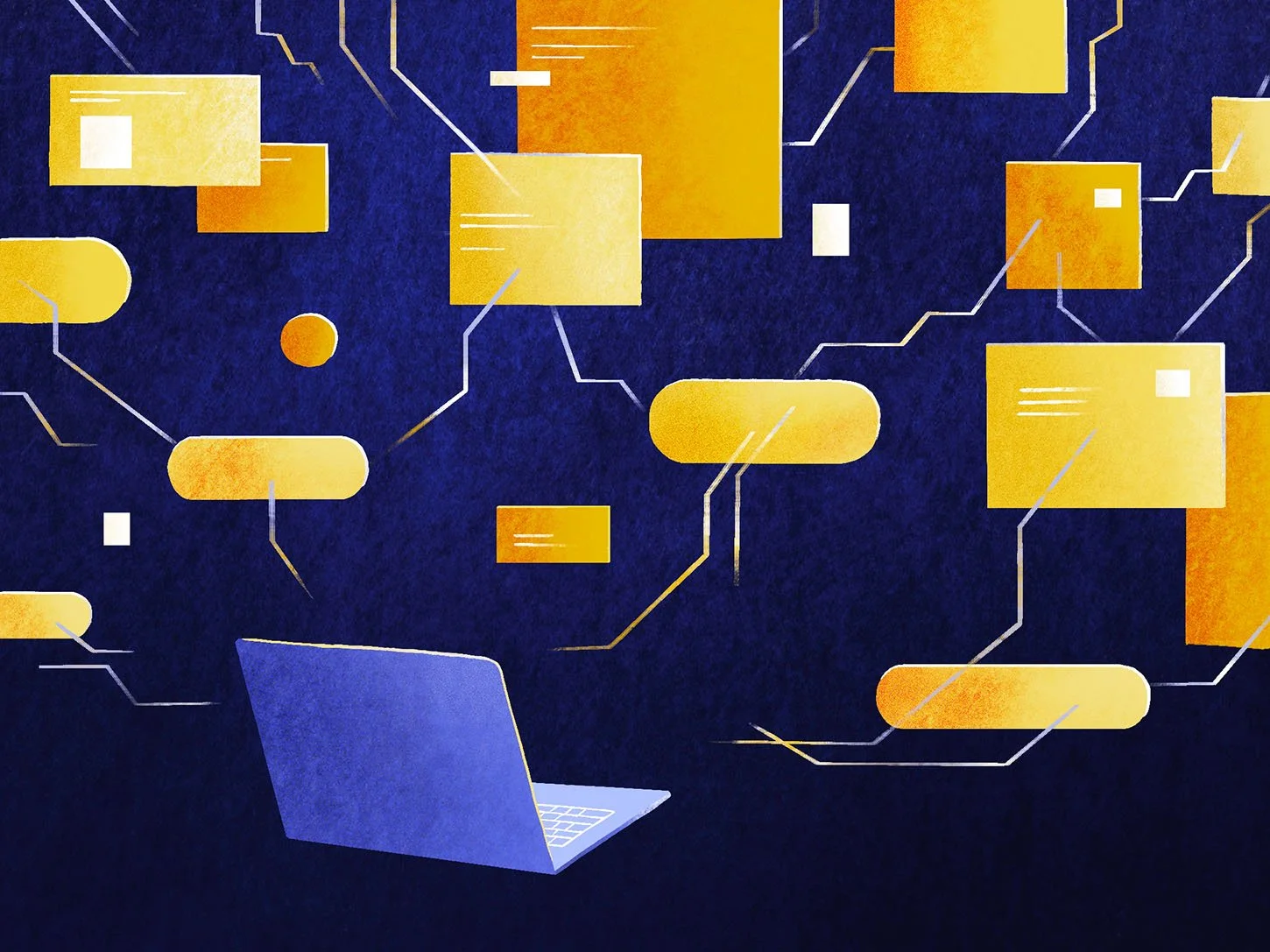 Laptop with data shapes flowing outward across a networked background.