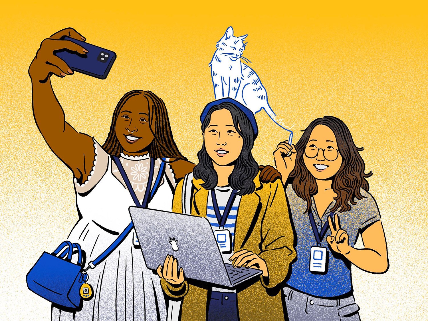 Illustration of Branda Ayo taking a selfie of the group, Polly Xu on her laptop, and Gina Bae drawing a cat on Polly's head while giving a peace symbol