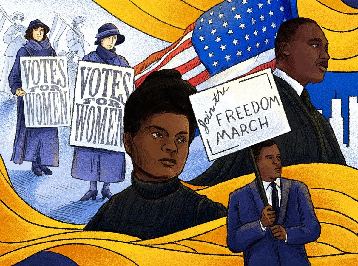 First panel in a three-part illustration about voting in America. Historic voting rights advocates and protesters carry signs referencing women's suffrage and the Freedom March, reflecting struggles to expand voting rights.
