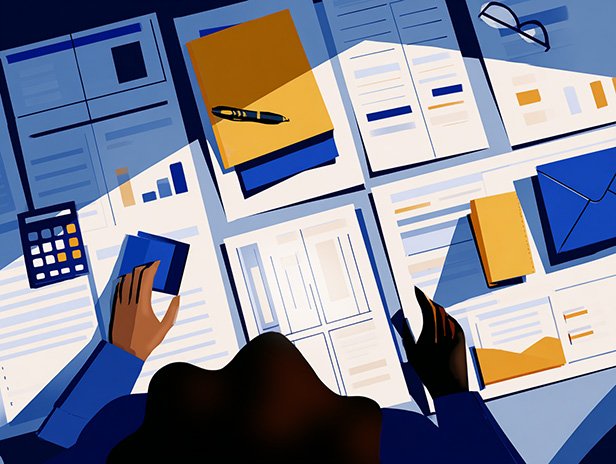 Illustration of documents, charts, and planning materials spread across a desk, representing the coordination and operational work of local government management.